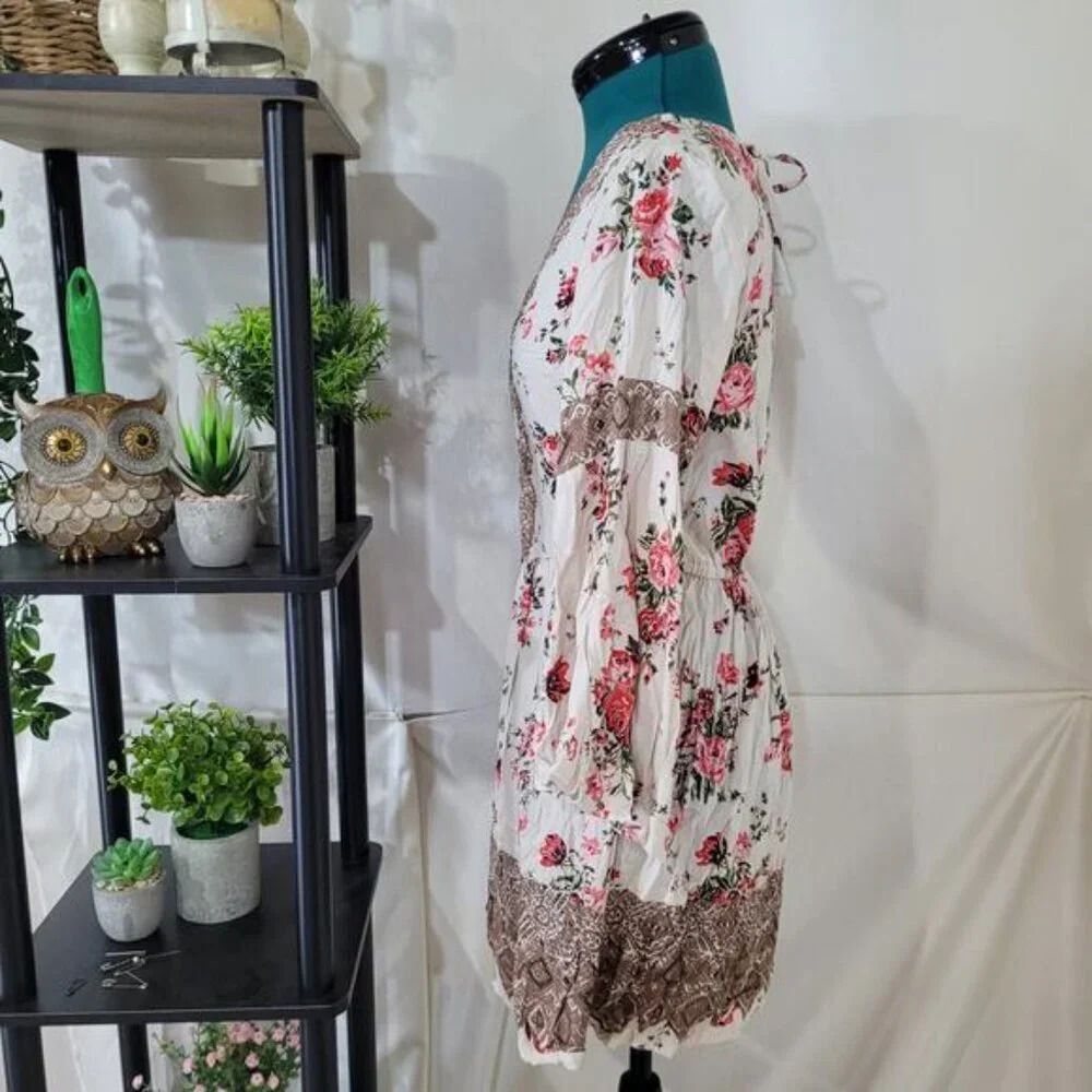Angie Deep V-Neck Floral Cottagecore Boho Mini Dress - Size Small - Picture 3 of 9